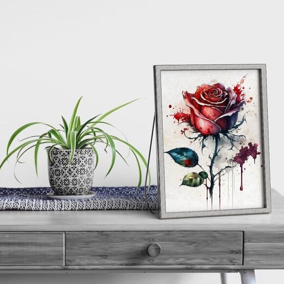 4x6 Rose Flower Illustration Ink Splatter Art Watercolor Oil‎ Painting Print - Picture 2 of 6